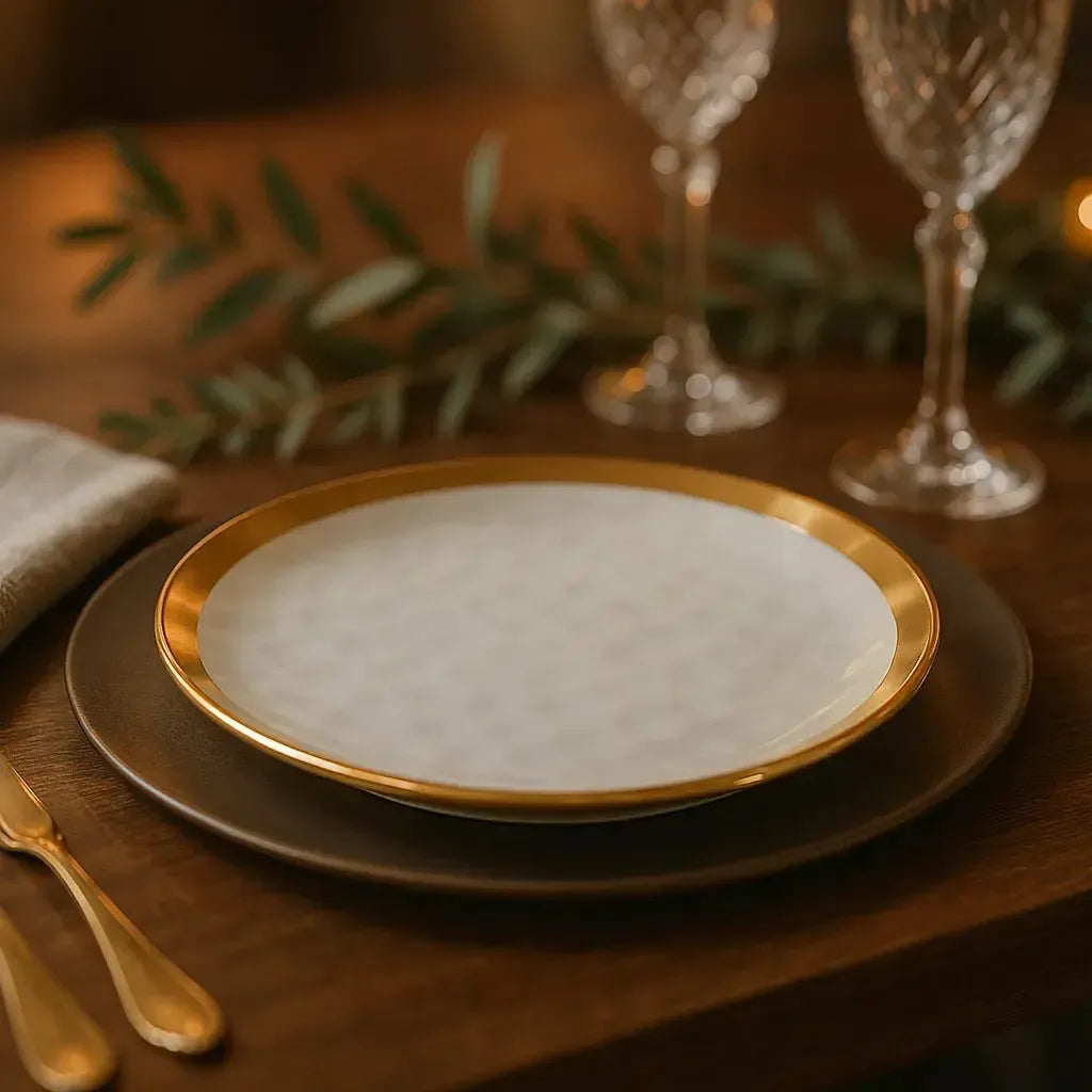 Aparelho de Jantar Porcelana Branco/Dourado Dubai - Serve 06 pessoas / EXCLUSIVO